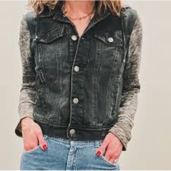 Free People Jackets & Blazers - Free People Distressed Mixed Media Denim Jacket Black Sweater Sleeves – M